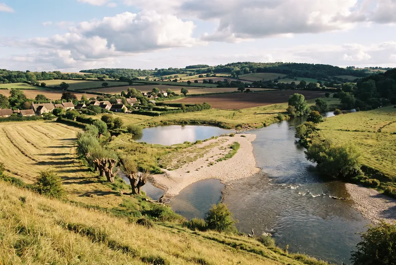 Blick von einer Wiesenhöhe auf eine Flussschleife mit langer heller Kiesbank, Kopfweiden am Ufer, dahinter Felder und ein Dorf unter Sommerwolken
