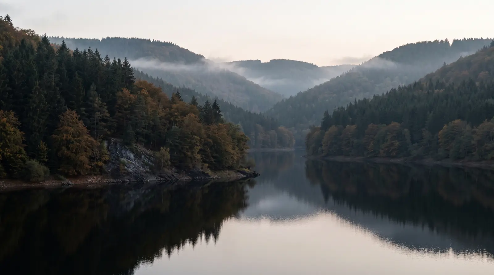Schmaler Stausee, der sich in Schleifen durch ein steiles Waldtal zieht, Morgennebel in den Talkerben, herbstlich gefärbte Laubbäume zwischen Fichten spiegeln sich im dunklen, stillen Wasser